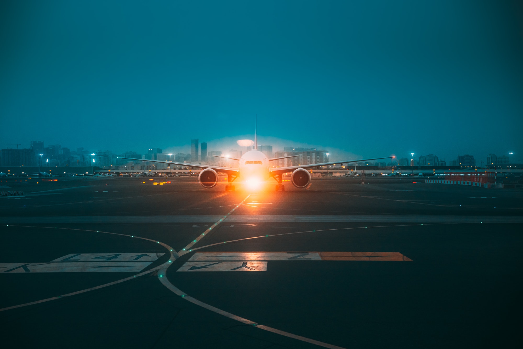 Aircraft Airplane Stand On Runway In Evening Night Time